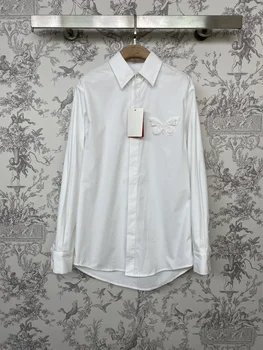 2024 Ранняя весна Новый стиль бойфренда Белая 3D бабочка отложной воротник рубашка с длинными рукавами женская верхняя блузка
