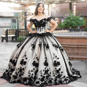 Черные пышные платья с цветочным рисунком на день рождения, платья для выпускного вечера, платья принцессы Sweet 15 16 vestidos de quinceanera