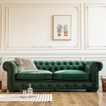 Темно-зеленый диван на трех персон с кнопками для маленькой семейной гостиной, бархатный прямой диван