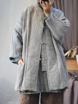 Женское льняное пальто с подкладкой, парки, женские винтажные топы в стиле пэчворк с воротником-стойкой, женское теплое пальто, зима 2024 г.