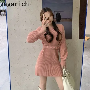 Gagarich Корейское Осенне-зимнее платье-свитер 2023, однотонное, женственное, с тонкой талией, с завязками на бедрах, вязаные Женские платья Миди-типа