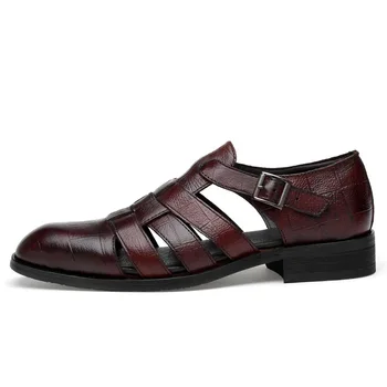 Кожаные Полые туфли, Сандалии для мужчин, черный, коричневый цвет, квадратный носок, Повседневная Универсальная мужская модная тонкая обувь 38-48