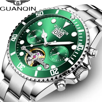 GUANQIN Мужские наручные часы со скелетом из стали SS316 с автоматическим заводом, сапфировое стекло, маховик, механическая дата, неделя, мужские часовые часы