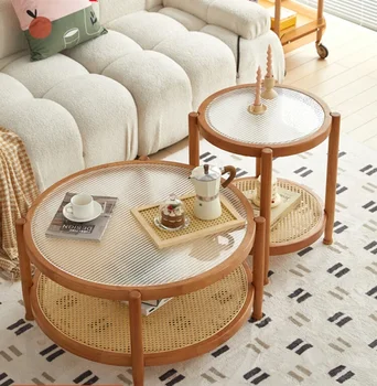 Журнальный столик из ротанга из массива дерева, гостиная, мелкое домашнее хозяйство, стекло, бревно, круглый столик на краю дивана