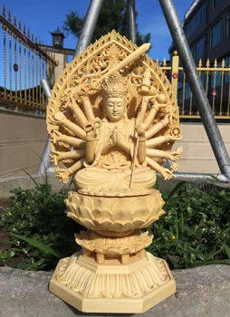 1000 рук статуя Гуань Инь, цветок на основе лотоса деревянная Статуя Будды Резьба По дереву Авалокитешвара Хиноки большая статуя будды декор