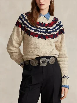 Женский винтажный свитер из жаккарда с геометрическим рисунком, осень-зима, Новые универсальные вязаные пуловеры, топы