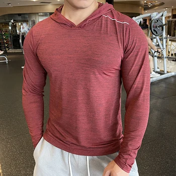 Осенняя дышащая футболка для бега с капюшоном, мужская спортивная одежда, тонкая футболка с длинным рукавом, футболка для бодибилдинга и фитнеса