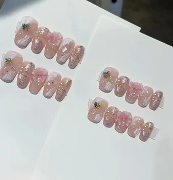 10шт съемные милые девчачьи розовые накладные ногти с ручной росписью, милые акриловые подвески-бабочки ручной работы с жемчугом, нажимаются на длинные ногти
