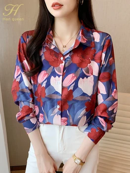 H Han Queen Новые осенние блузки 2023 года с принтом, Свободная шифоновая блузка с длинным рукавом, повседневные топы, женская деловая винтажная рубашка