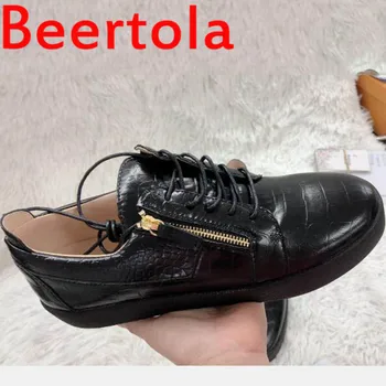 Beertola/ Мужские Удобные Модные Лоферы Черного цвета На плоской подошве С круглым носком, На шнуровке, с застежкой-молнией, Мужская обувь Унисекс