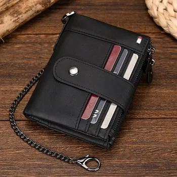 Короткий кошелек, кожаная сумка для карт, противоугонная с цепочкой RFID, кошелек для монет из воловьей кожи для мужчин и женщин, кошелек для карточек