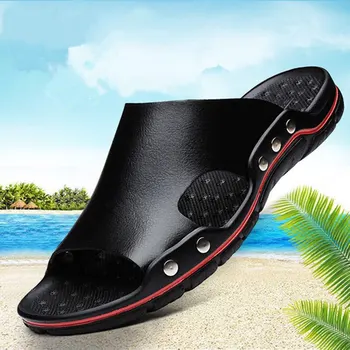 Мужские кожаные сандалии 2021, летние качественные пляжные тапочки, Повседневная обувь, уличная пляжная обувь на плоской подошве, Большой размер 45