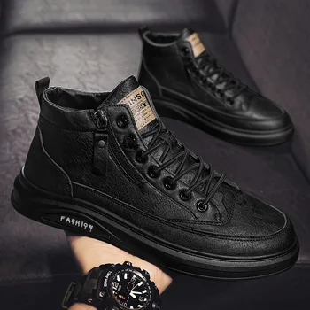 Новая мужская обувь повседневные кожаные рабочие ботинки с высоким берцем корейская версия черных деловых кроссовок Мужские