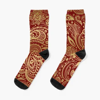Золотые и красные носки с цветочным узором пейсли, мужские носки в стиле ретро, женские