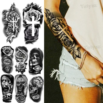 Временные татуировки с изображением цветов розы в виде креста для женщин, реалистичный череп Вампира, Компас, Водонепроницаемая поддельная татуировка, наклейка на предплечье, татуировки 3D