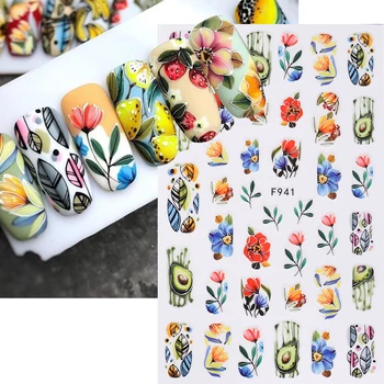 3D Цветные наклейки Цветы Трава для маникюра Летние Фрукты авокадо Геометрическая линия Цветочные украшения для ногтей Наклейки для маникюра
