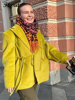 Повседневный однотонный Блейзер на шнуровке, пальто для женщин, модная женская куртка с длинным рукавом и лацканами, Осень-зима 2023, женская свободная уличная одежда