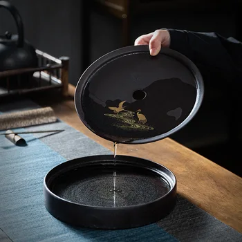 Керамический чайный поднос Маленький Двухслойный Тип хранения воды Сухой Наливной Чайный Поднос Японский Бытовой Круглый Чайный столик с Блюдцем Китайский