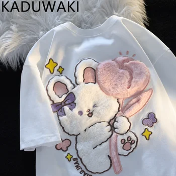 Хлопчатобумажная летняя футболка с короткими рукавами, вышитая кроликом, мужская и женская свободная футболка с мультяшным рисунком Y2k
